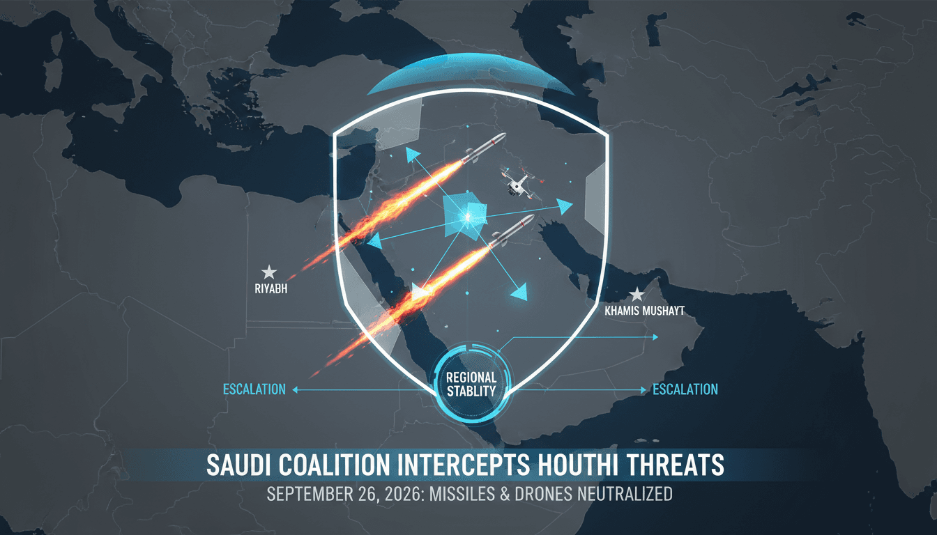 Infographic showing intercepted Houthi missiles and drones by Saudi-led Coalition, emphasizing air defense effectiveness.