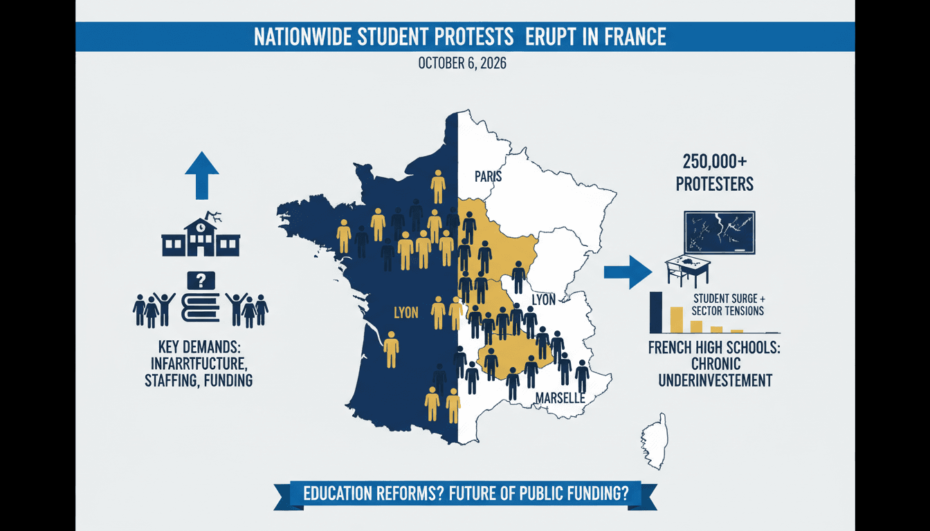 Infographic showing the scale of the 2026 French lycée protests and key demands for education reform.