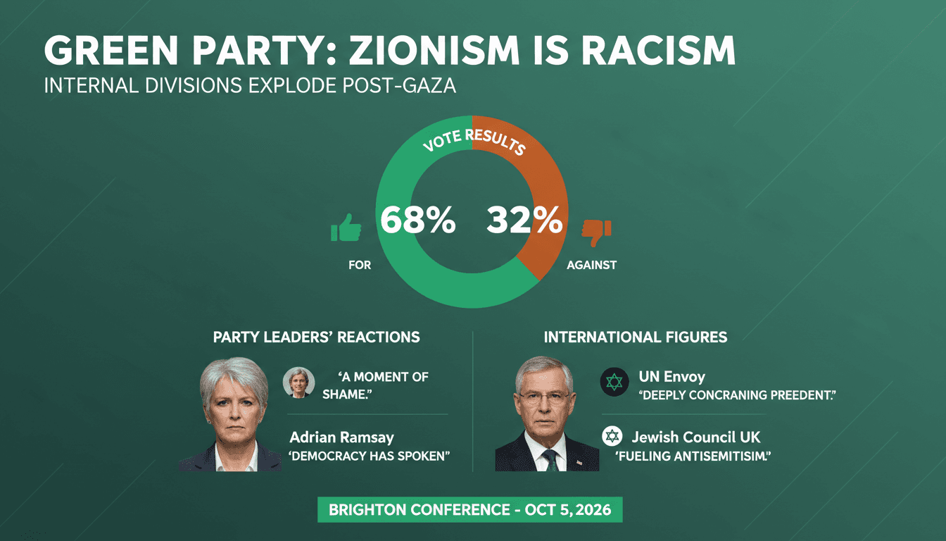 Infographic detailing the Green Party's Zionism-as-racism motion vote and reactions from leaders.