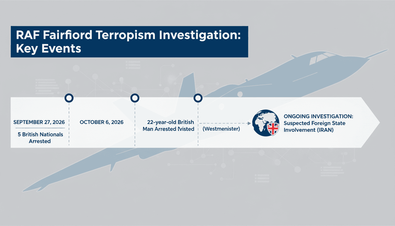 A police officer at RAF Fairford, highlighting the ongoing counter-terrorism investigation and recent arrests.
