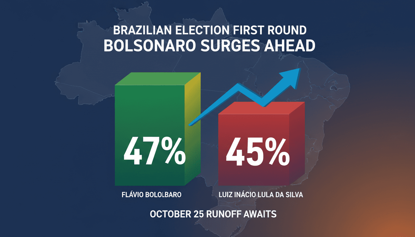 A graphic showing Flavio Bolsonaro and Luiz Inacio Lula da Silva's vote percentages in Brazil's 2026 presidential election.