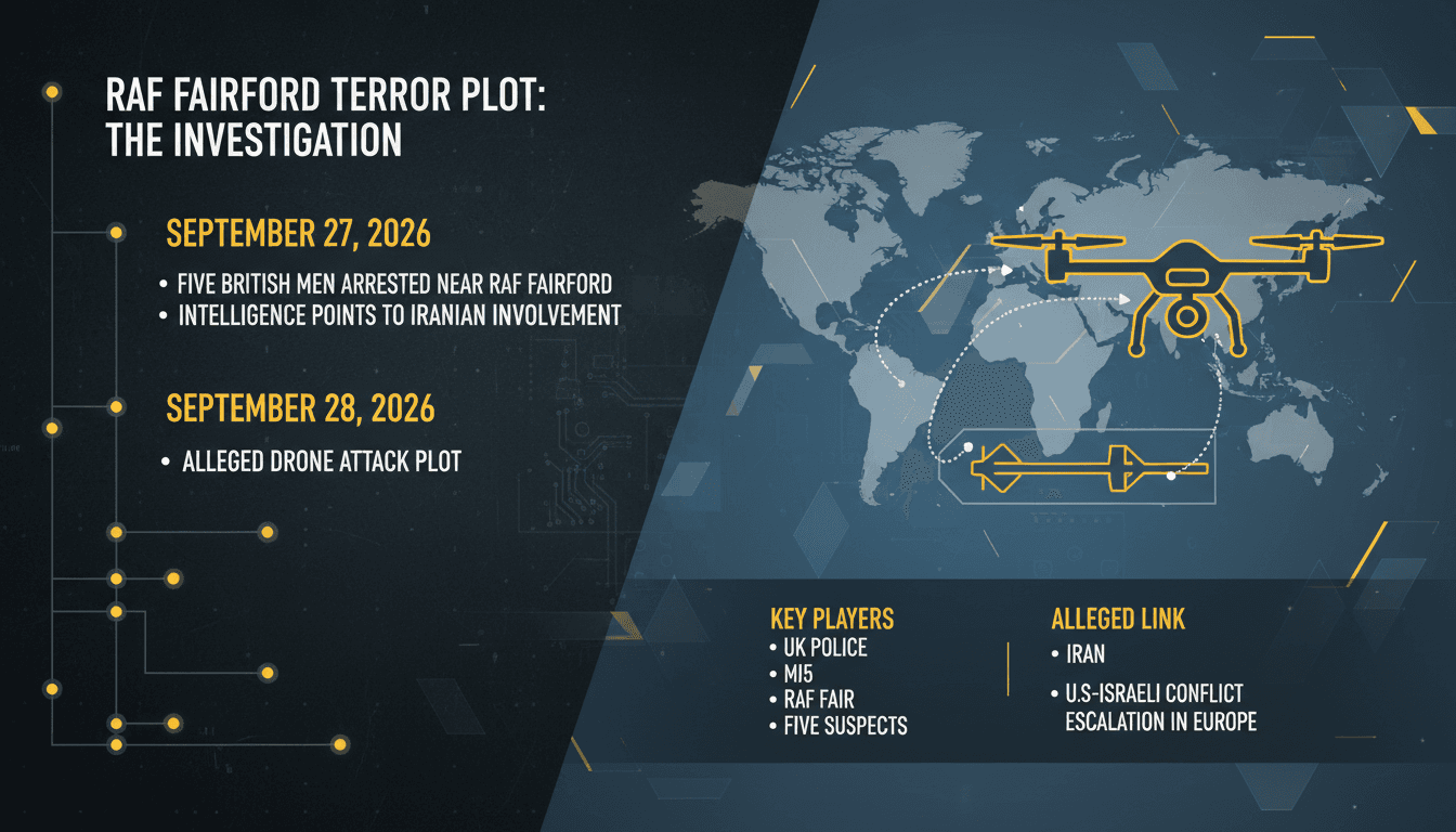 A military base with aircraft, highlighting the RAF Fairford investigation and Iranian link allegations.