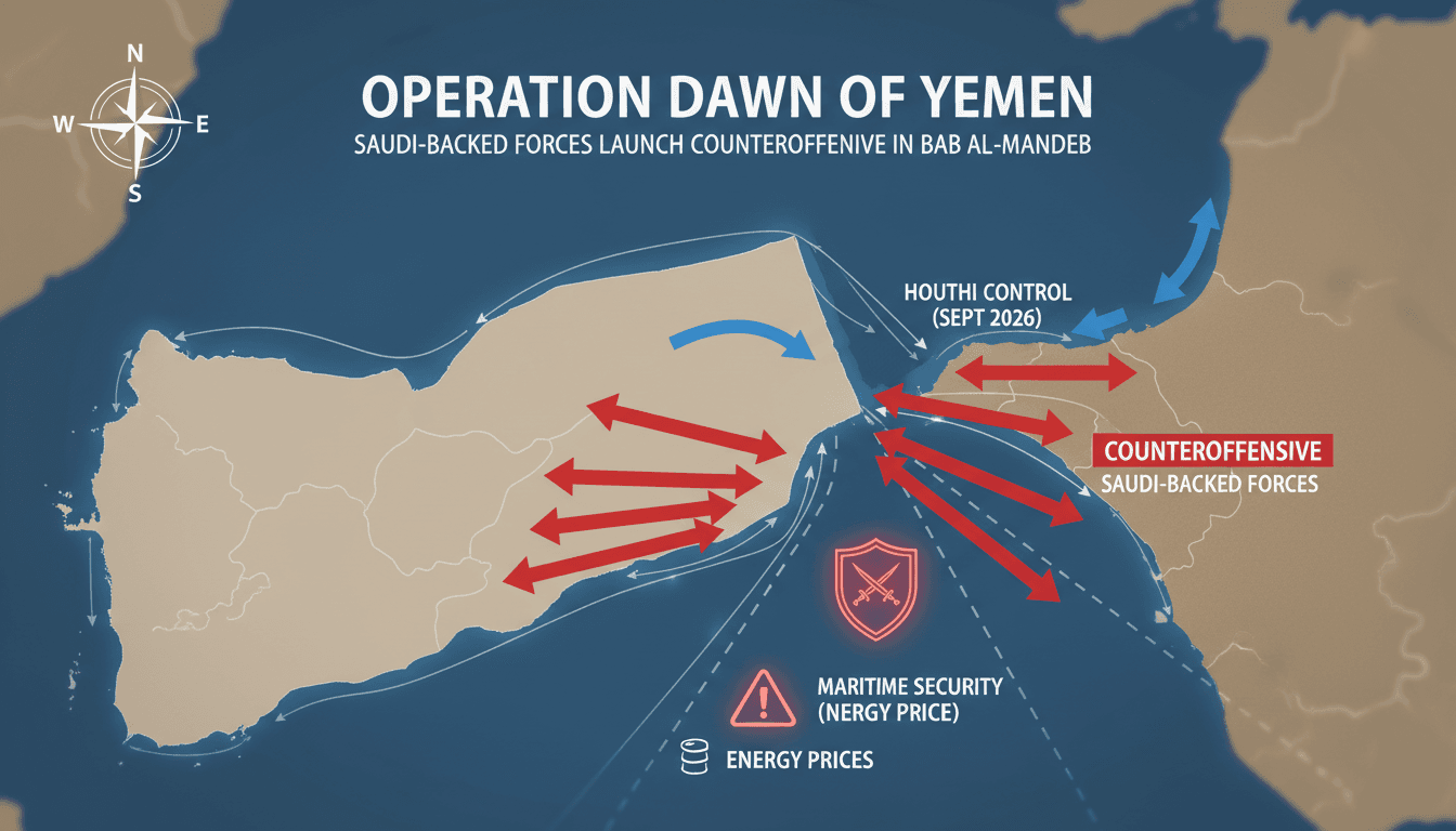Map showing the Bab al-Mandeb strait with military movements and trade routes highlighted.