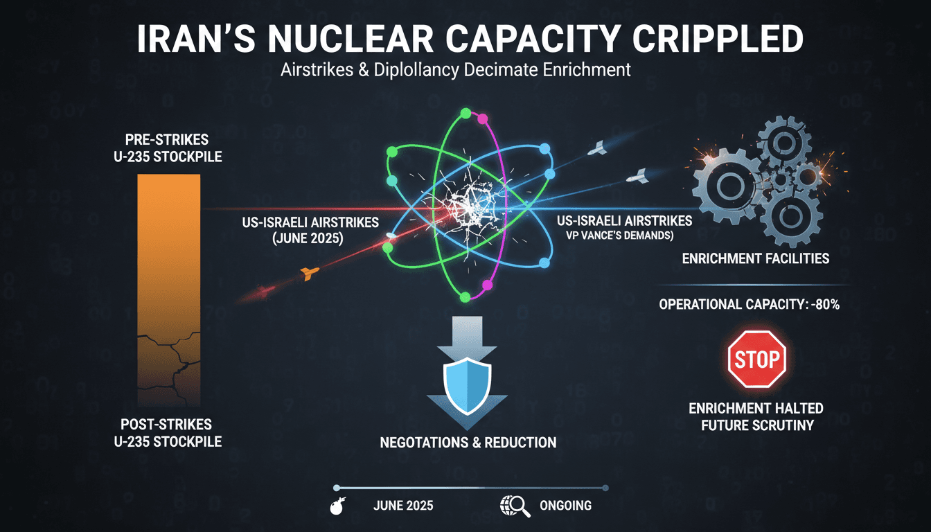 Infographic showing Iran's uranium stockpile and the effects of airstrikes on its nuclear facilities.