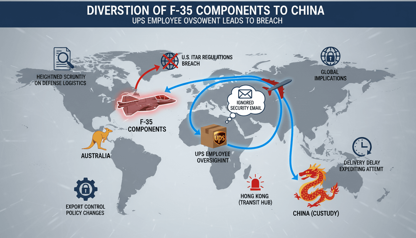 Infographic showing the diversion route of F-35 components from Australia to China, highlighting export control issues.