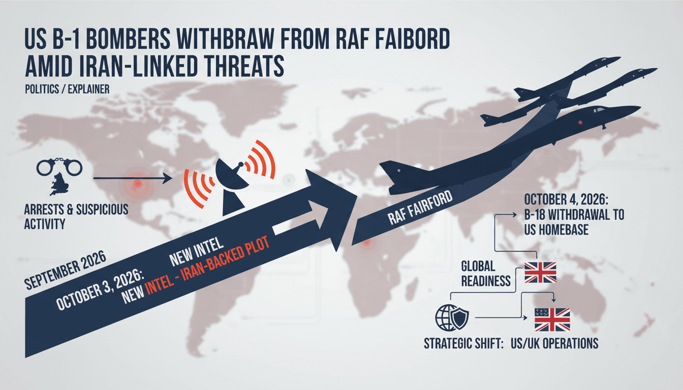 A visual representation of the US B-1 bombers' withdrawal from RAF Fairford amid rising security threats from Iran.