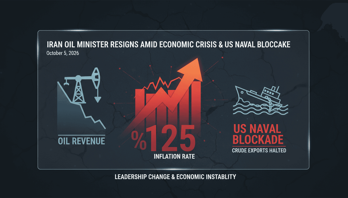 Infographic illustrating Iran's economic crisis and oil minister resignation amidst US sanctions.
