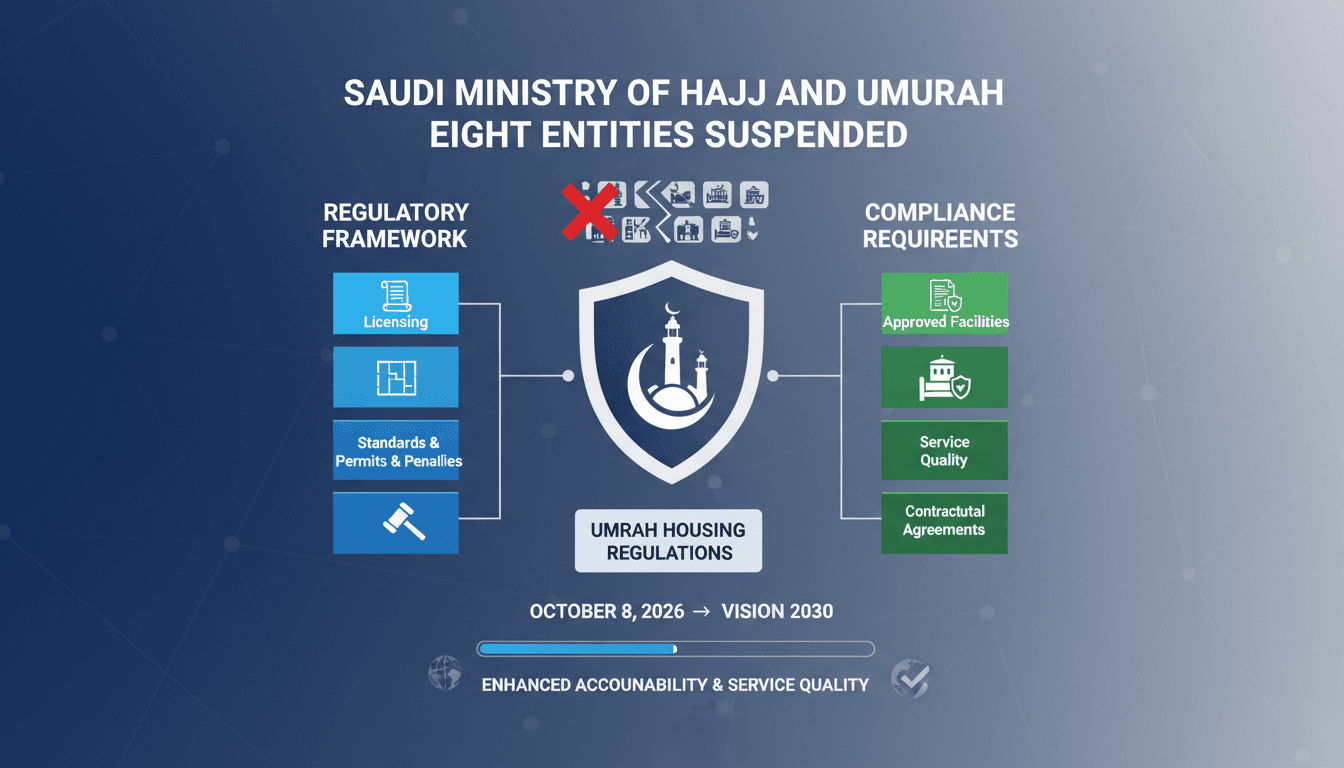 Infographic showing Saudi Arabia's Umrah housing regulations and compliance requirements.