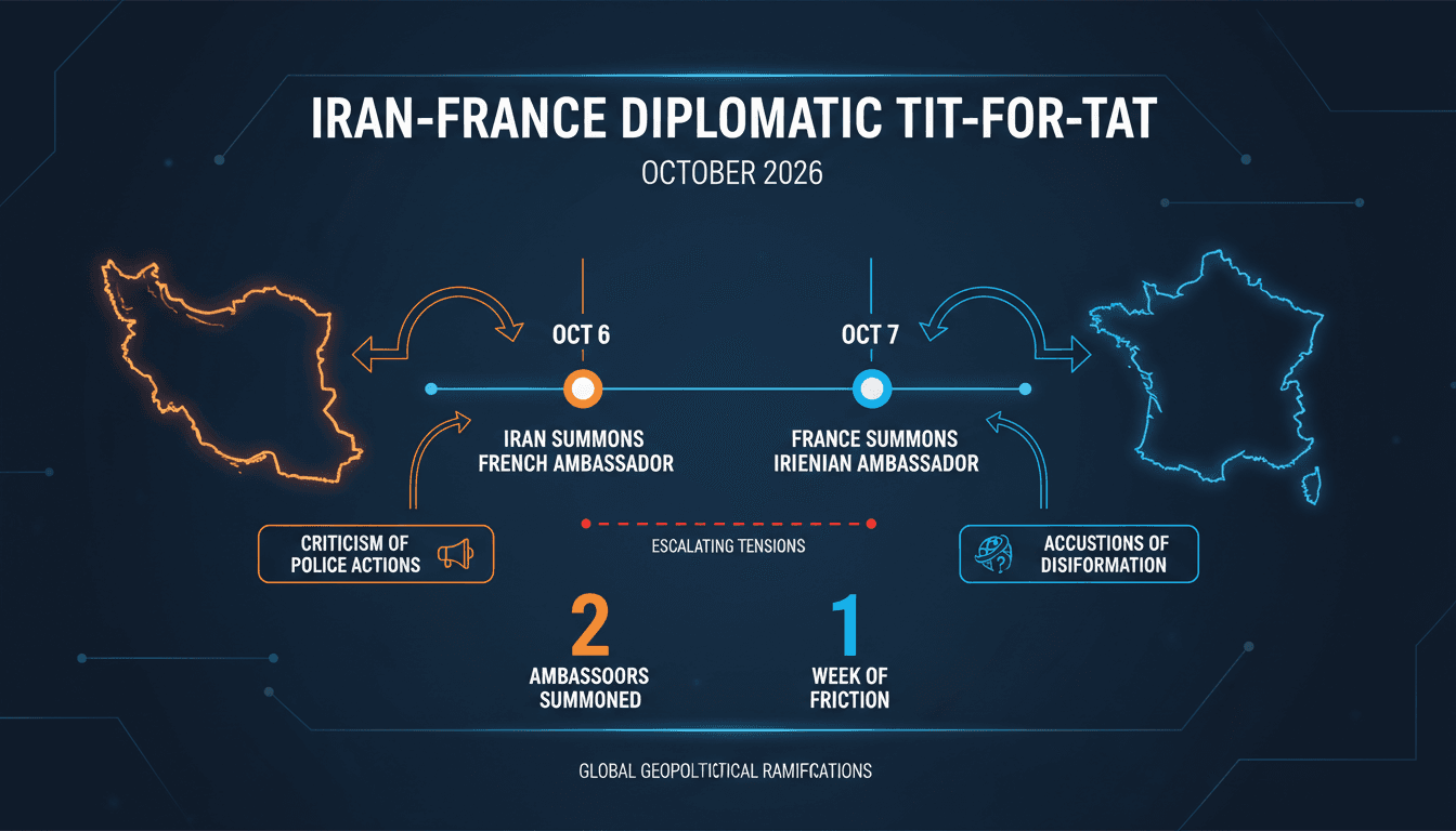 A timeline infographic illustrating the diplomatic dispute between Iran and France over student protests.