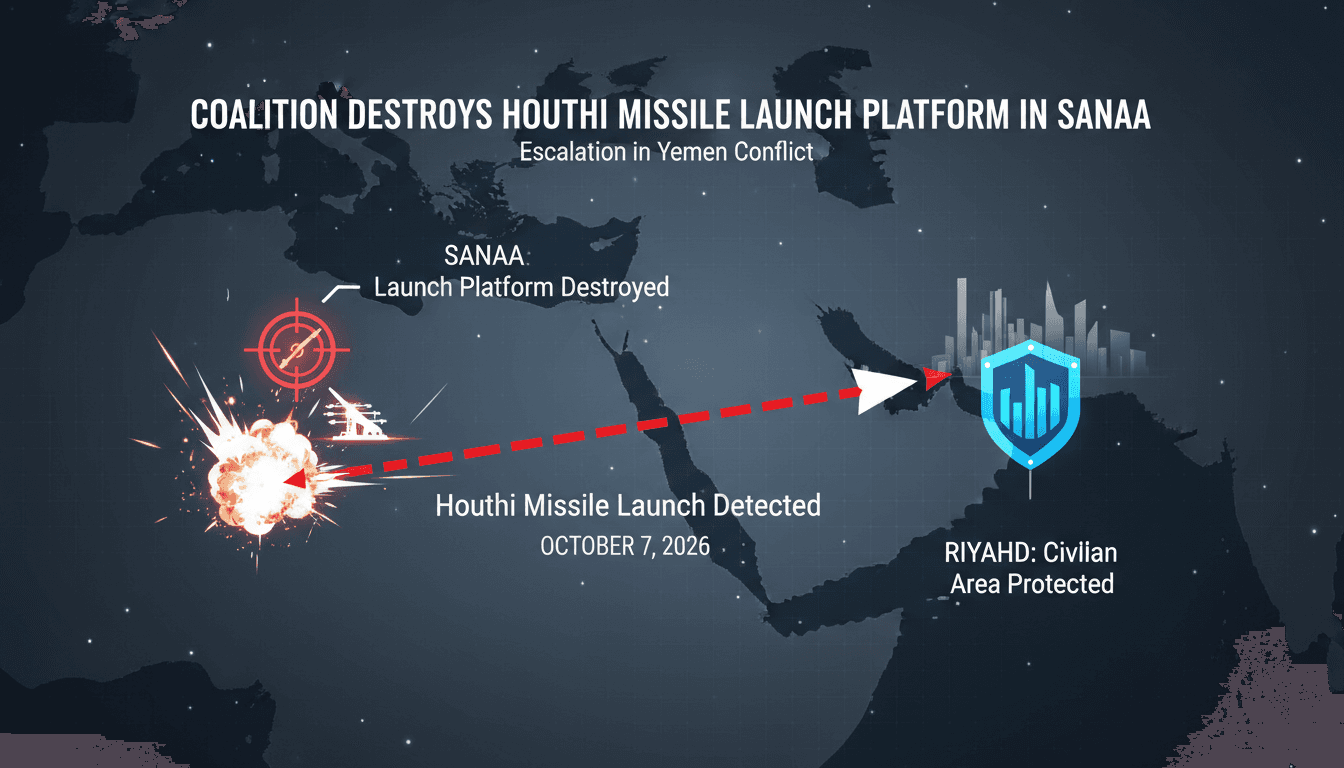 Map showing the location of the destroyed Houthi missile launch platform in Sanaa, Yemen, and its threat to Riyadh.