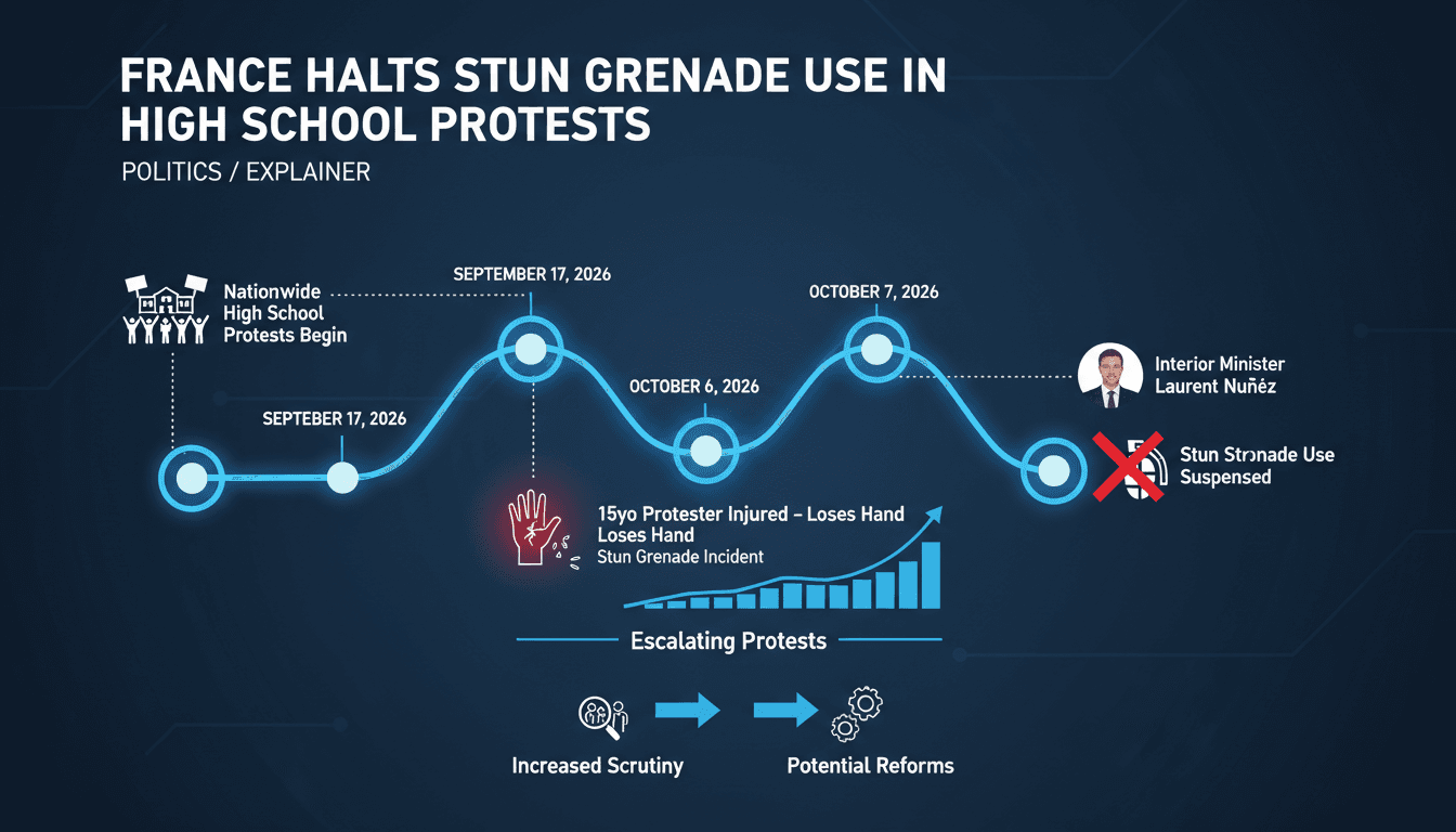 Infographic showing timeline of France's student protests and police responses, focusing on stun grenade incidents.