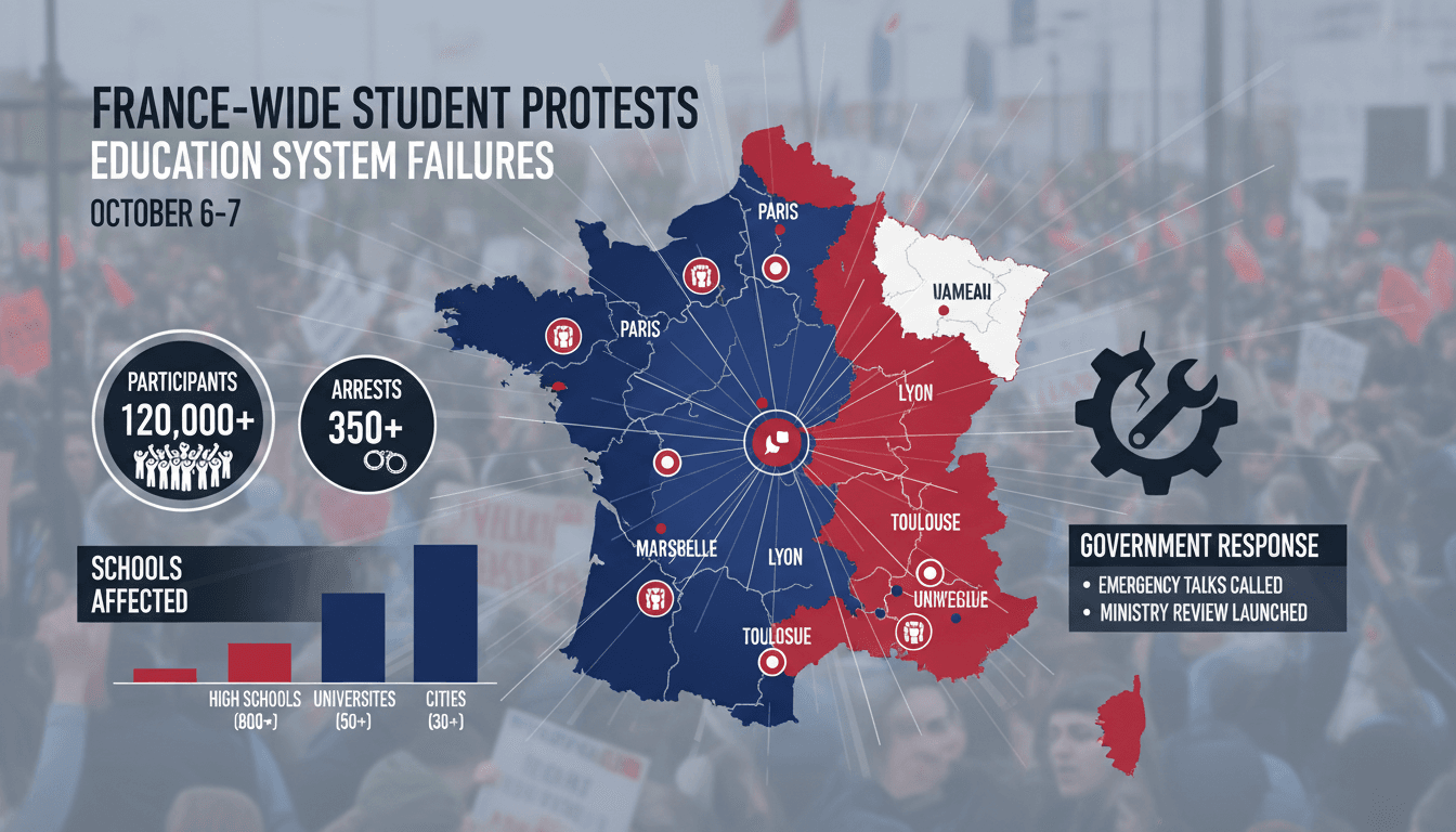 Infographic showing the scale of student protests in France, highlighting key statistics and government responses.