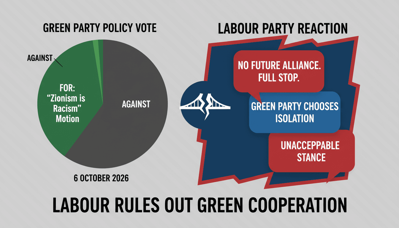 Infographic displaying voting results from the Green Party conference and Labour Party reactions.