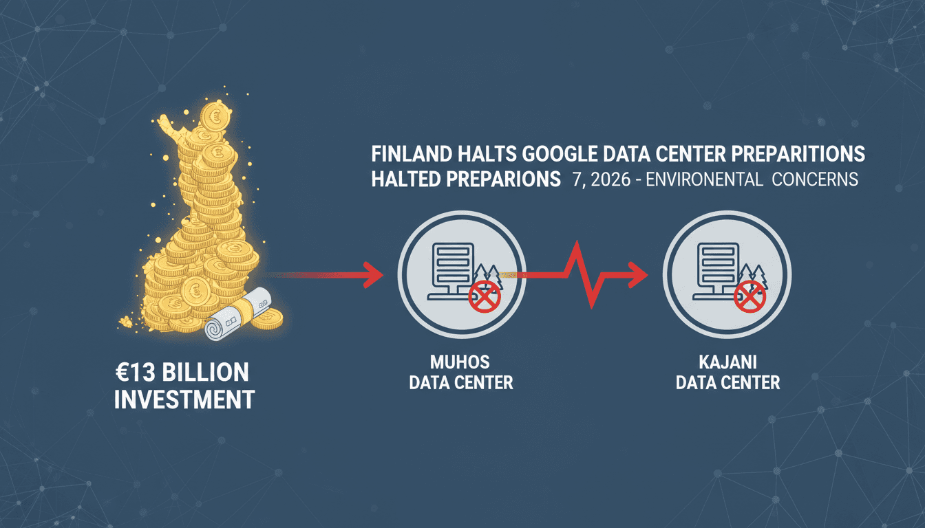 A visual representation of Google’s €13 billion investment in Finnish data centers and the halted projects due to environmental regulations.