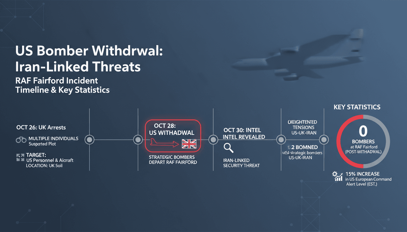A strategic map showing RAF Fairford and the geopolitical implications of the US bombers' withdrawal due to Iran-linked threats.