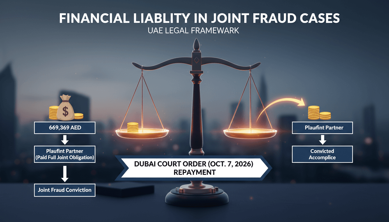 Infographic showing the reimbursement process in Dubai's joint liability fraud cases.