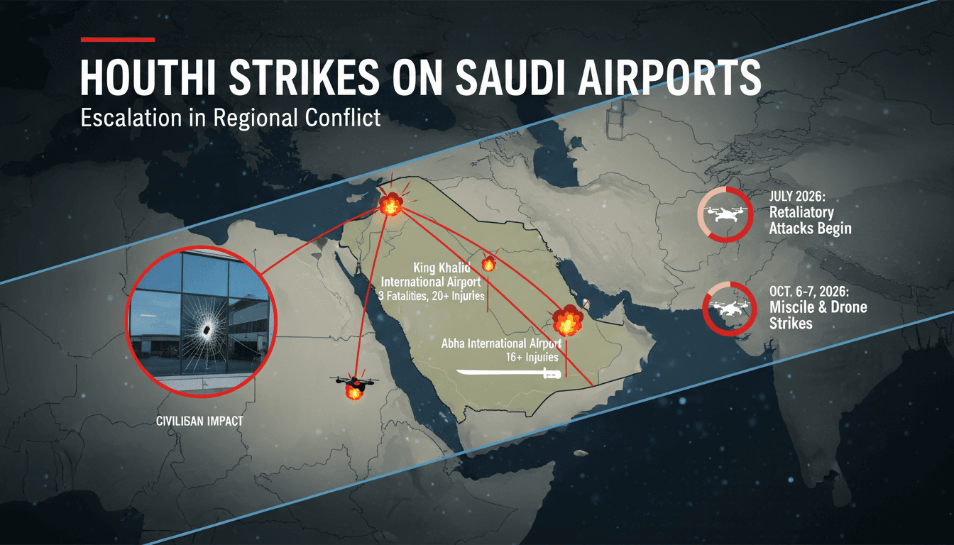 Map showing Houthi strikes on Saudi airports and their impact on civilian casualties.
