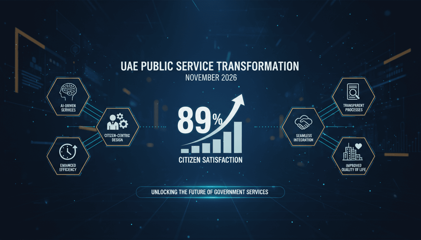Infographic highlighting UAE's 89% satisfaction rate in digital government services and upcoming transformation details.