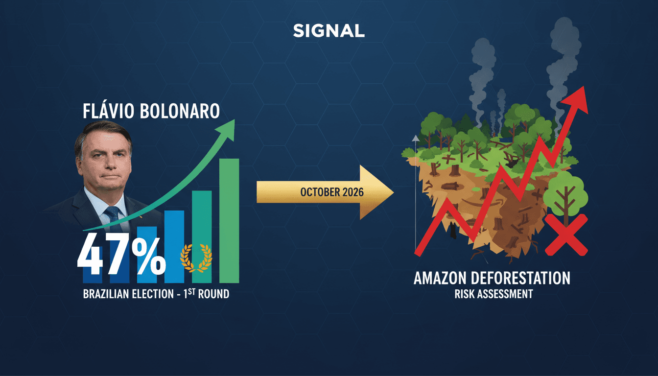 Infographic showing the rise in Amazon deforestation and Flávio Bolsonaro's electoral success.