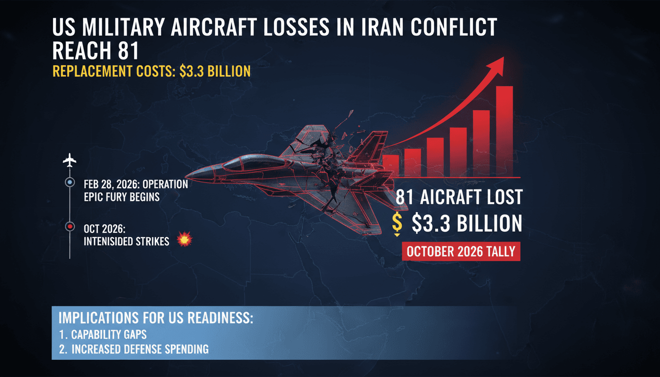 Infographic showing US military aircraft losses and costs in the Iran conflict, highlighting implications for military readiness.
