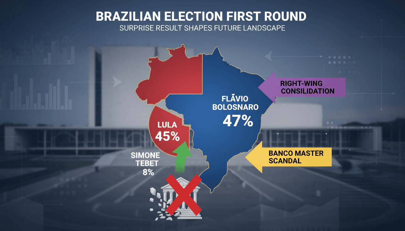Infographic showing Flavio Bolsonaro's election results and key influencing factors in Brazil's 2026 presidential election.