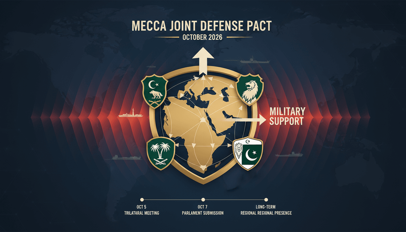 Infographic showing Turkey, Saudi Arabia, and Pakistan in the Mecca Joint Defense Agreement, highlighting military readiness and regional alliances.