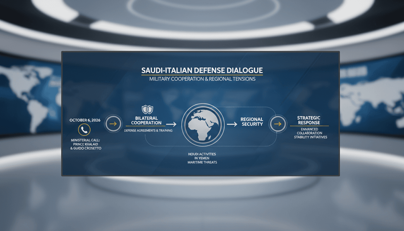 Infographic depicting Saudi and Italian defense ministers discussing military cooperation and regional security issues.