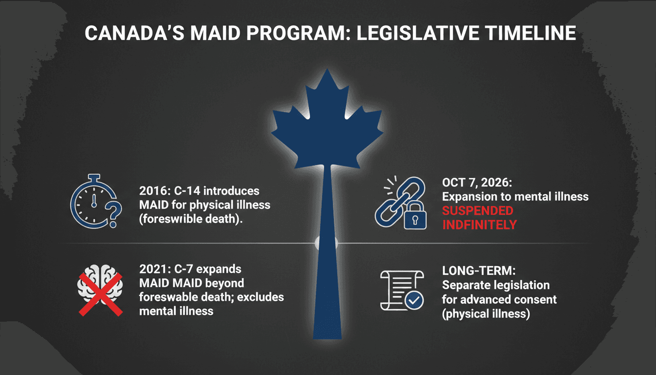 Infographic detailing Canada's MAID program timeline and legislative changes regarding mental illness.