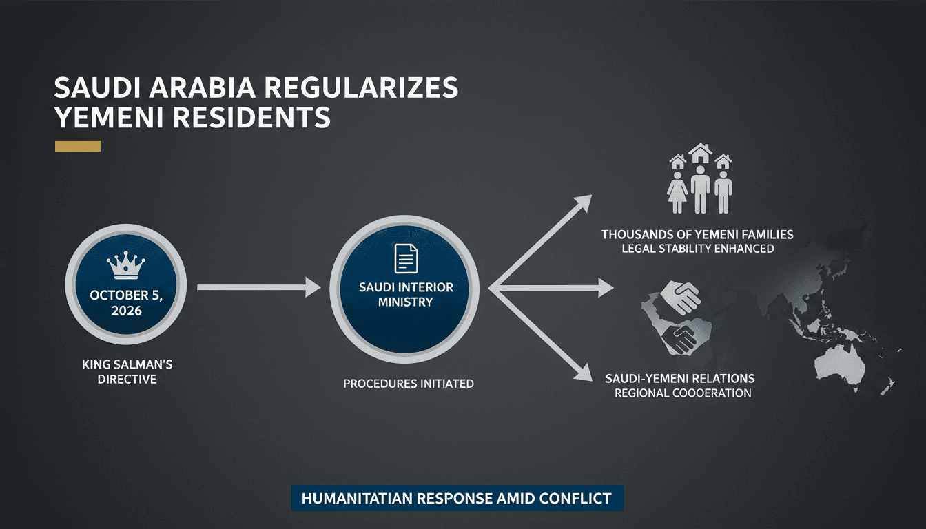 Infographic detailing the Saudi royal directive for Yemeni residents and its impact on legal stability.