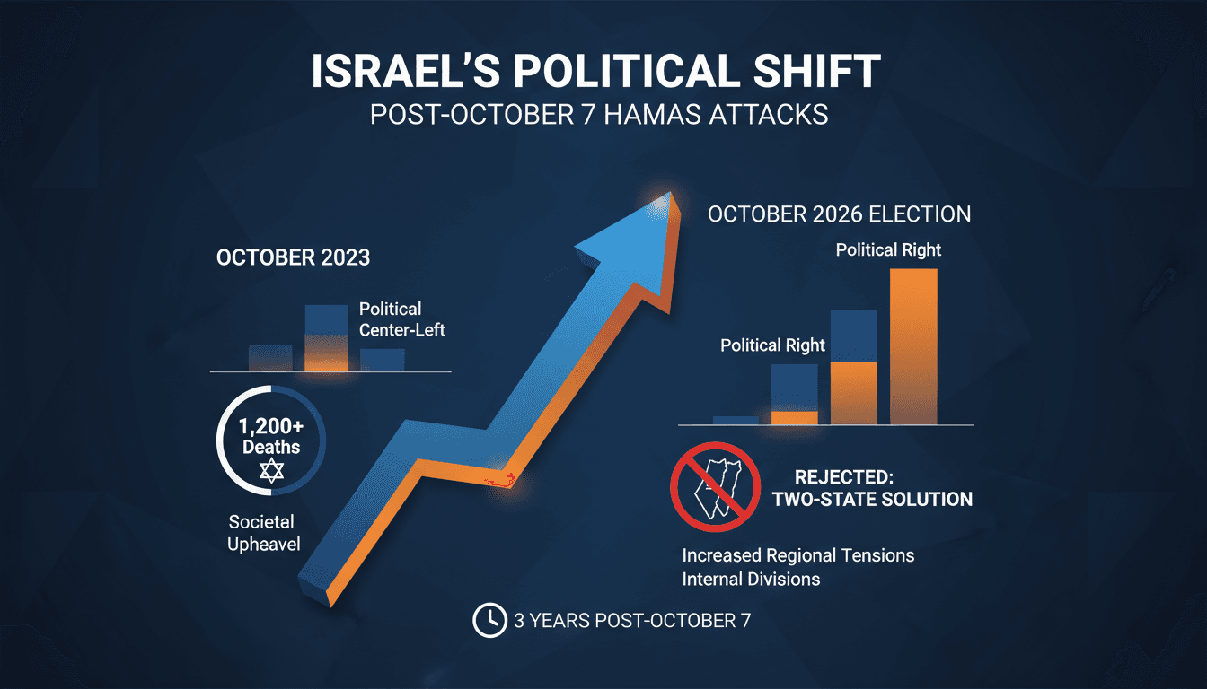 Infographic showing Israel's political shift after the October 7 attacks, highlighting key trends and statistics.