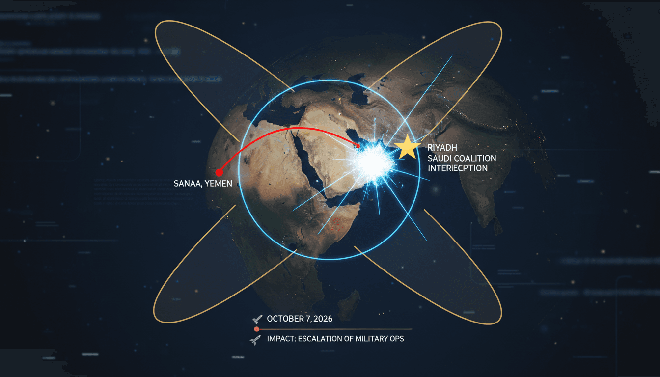 A graphic illustrating the interception of a Houthi ballistic missile by the Saudi-led Coalition near Riyadh.