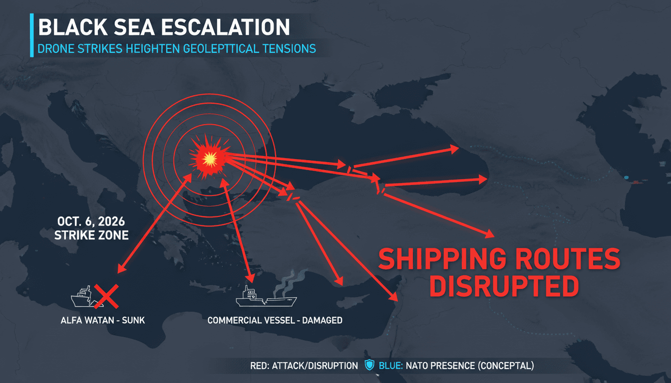 A map highlighting drone attack locations in the Black Sea and their impact on shipping routes.