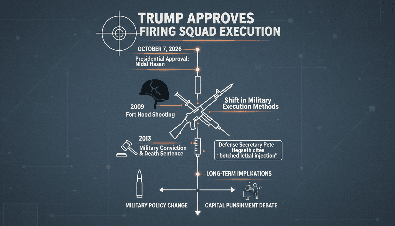 Infographic showing the timeline of Nidal Hasan's case and implications of military executions on public policy.