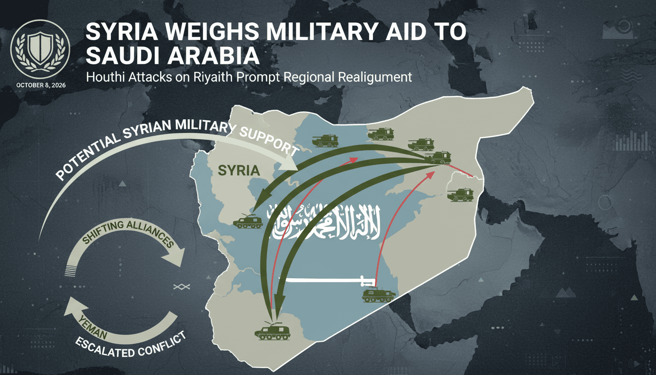 Map showing potential Syrian troop deployment to support Saudi Arabia against Houthi forces in Yemen.