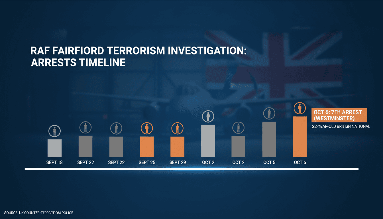 A graphic timeline of the RAF Fairford investigation showing arrests and key events.