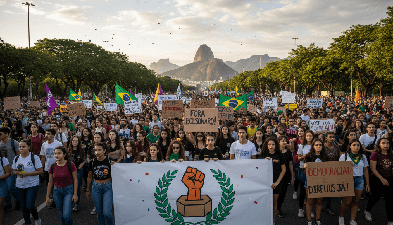 Students marching in Rio de Janeiro, protesting against Flavio Bolsonaro's presidential candidacy.