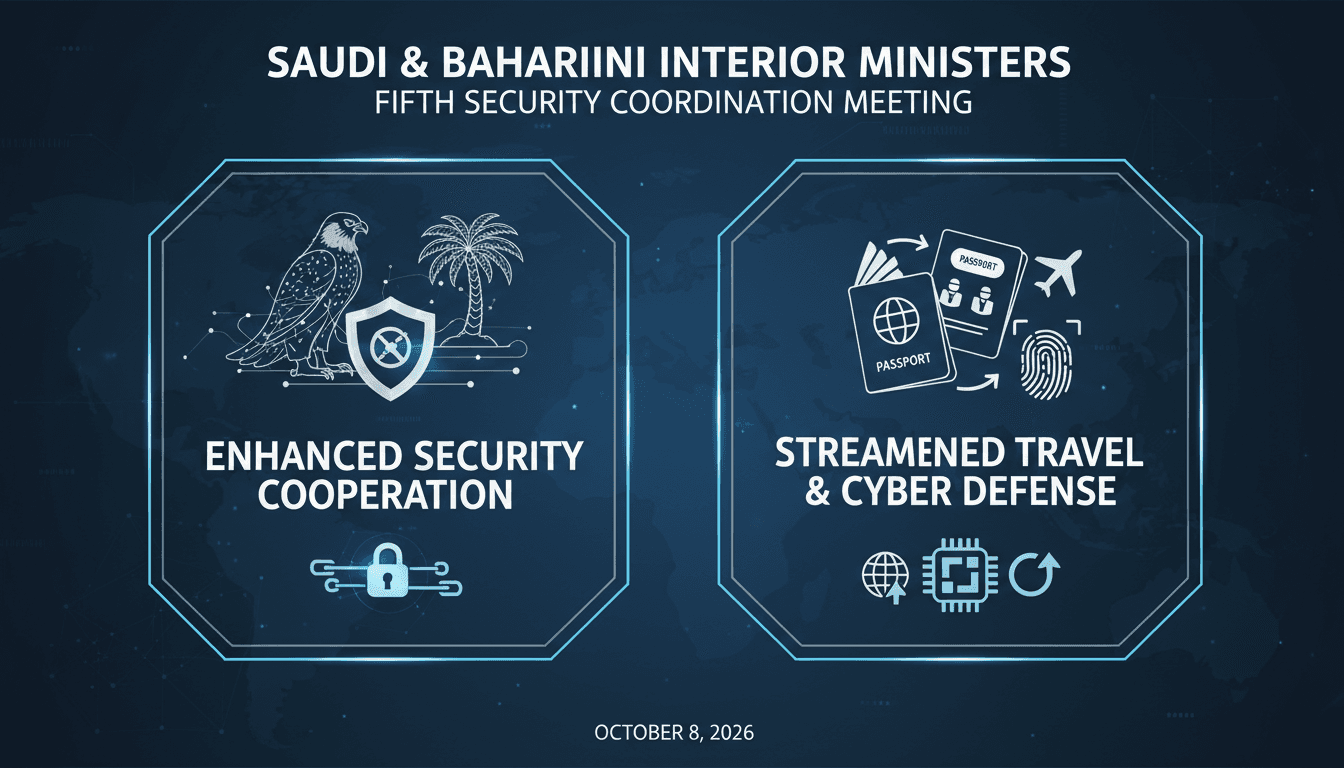 Infographic detailing the Saudi-Bahraini security meeting outcomes and travel efficiency initiatives.