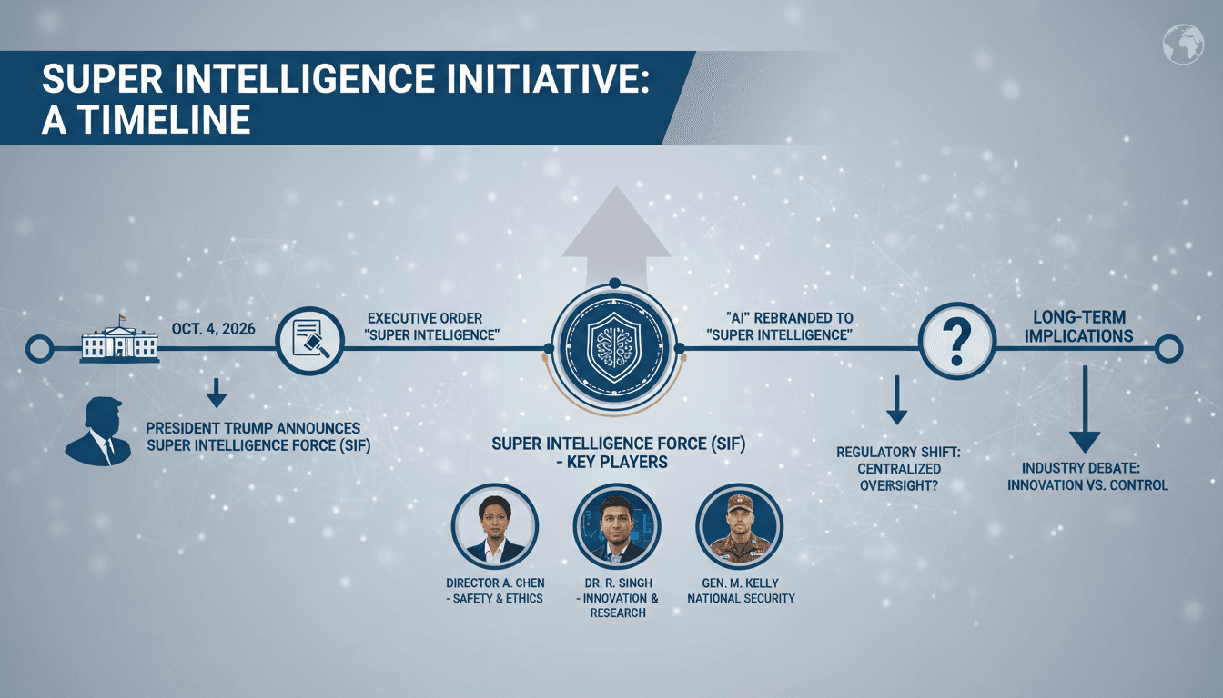 Infographic showing the timeline and key players in the Trump Administration's Super Intelligence initiative.