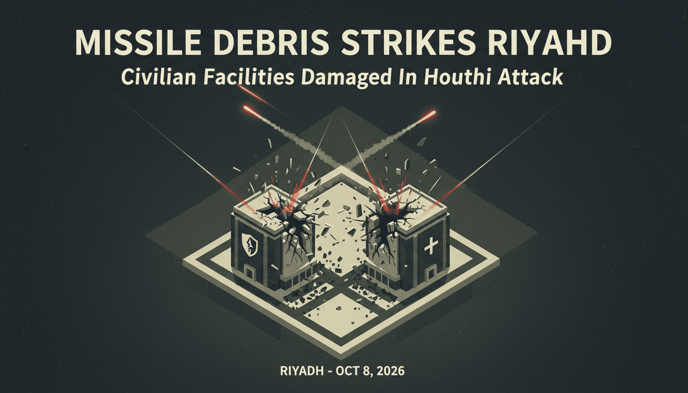 Damage to a kindergarten and medical clinic in Riyadh from intercepted Houthi missiles, illustrating ongoing regional conflict.