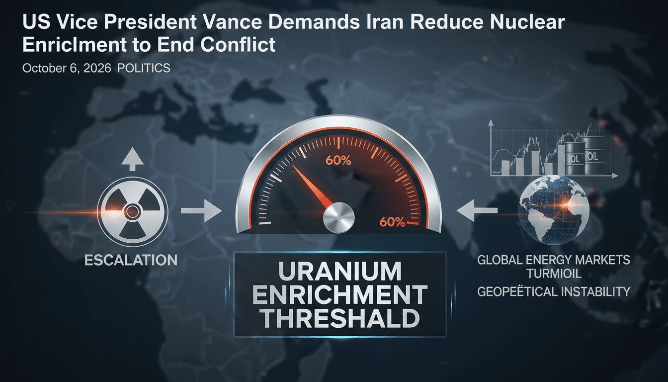 Infographic showing JD Vance's statements on Iran nuclear enrichment and its impact on global energy markets.