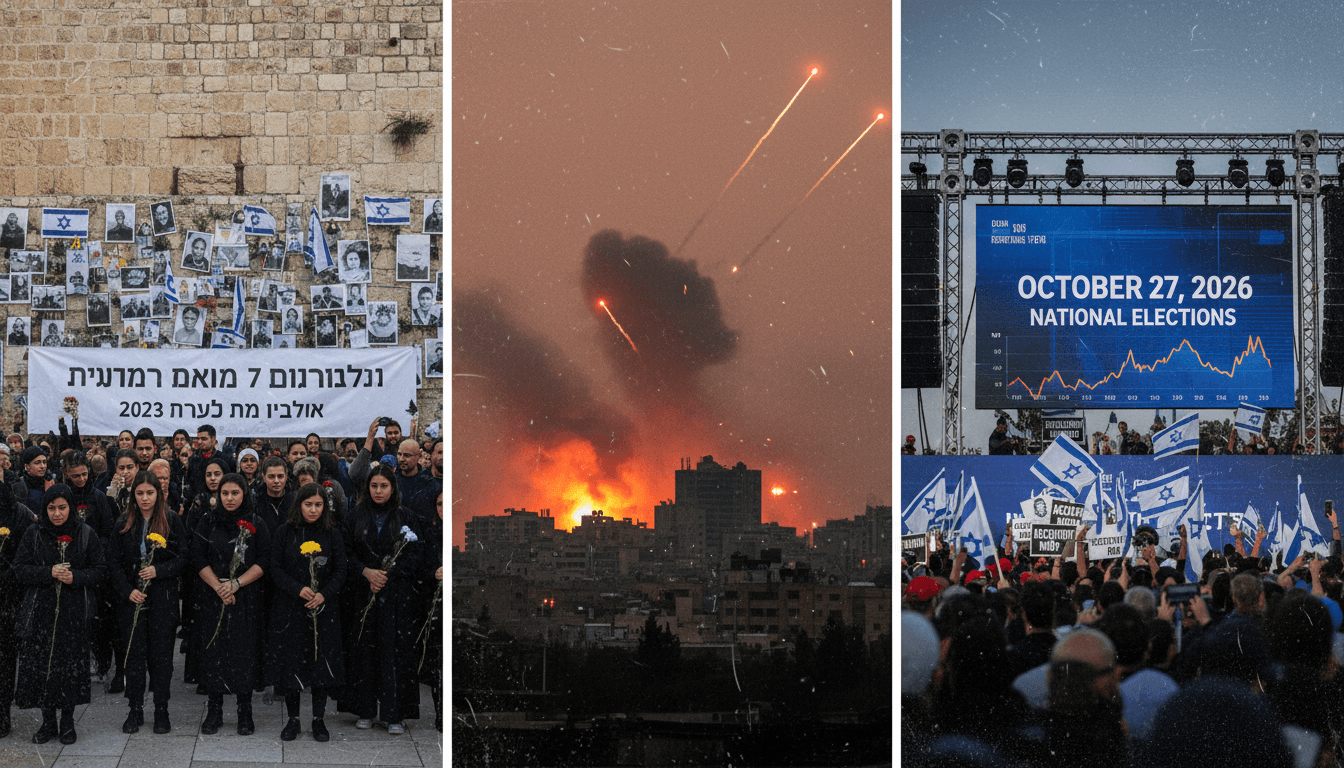 A somber memorial event in Israel commemorating the October 7 attacks, reflecting on the ongoing conflict and its implications.
