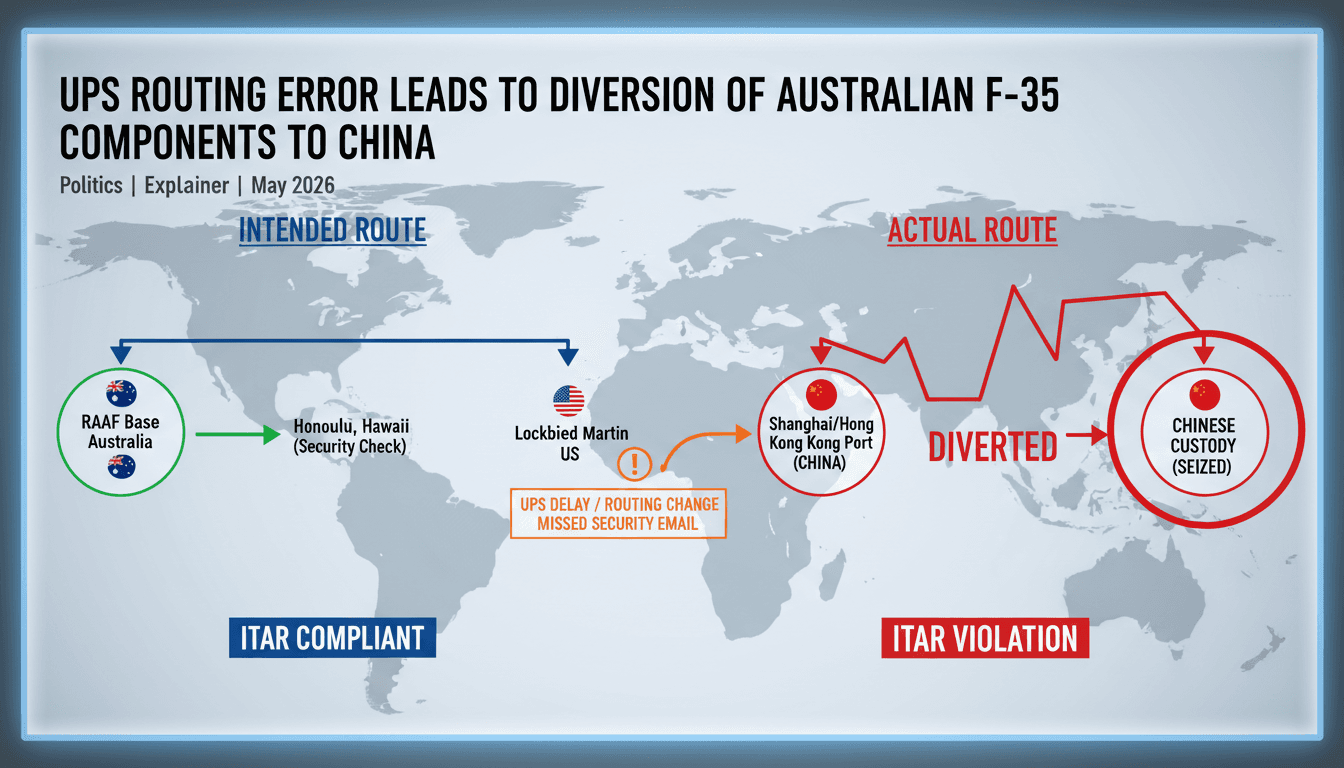 Flowchart showing the diversion of F-35 components from Australia to China through Hong Kong due to UPS oversight.