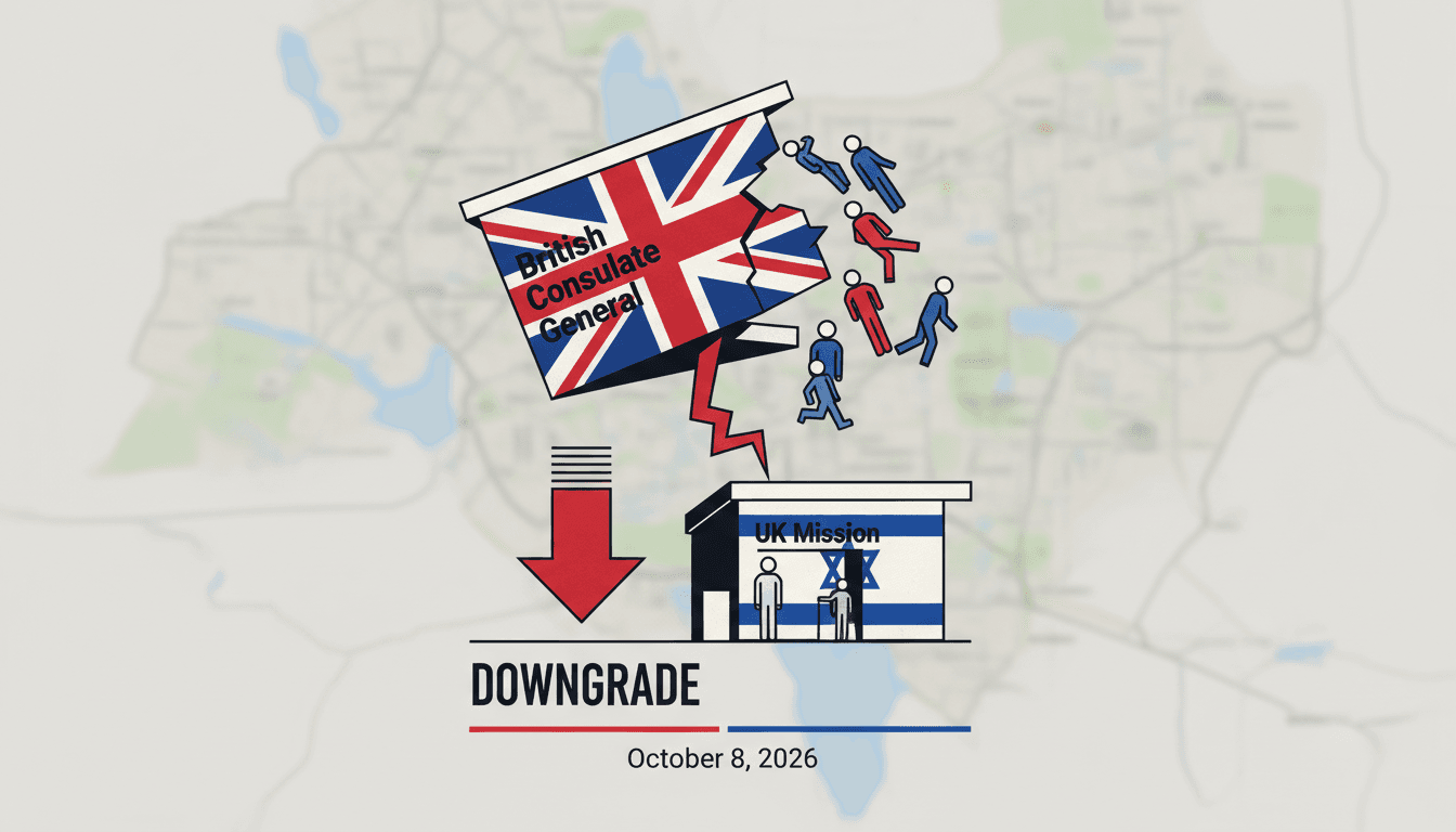 A visual representation of the British Consulate in East Jerusalem, highlighting its downgrade to a UK Mission and the number of diplomats affected.