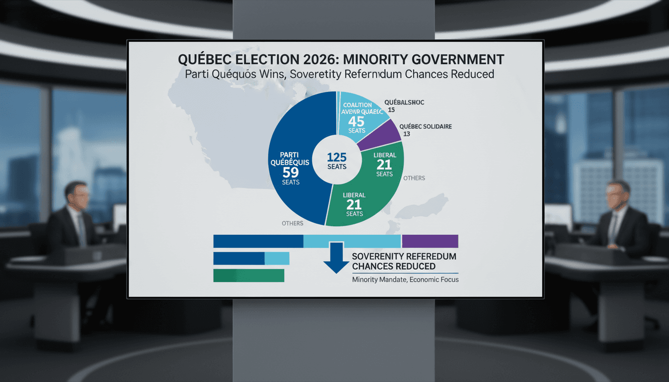 Infographic showing the Parti Québécois election results and seat distribution in Quebec's National Assembly.