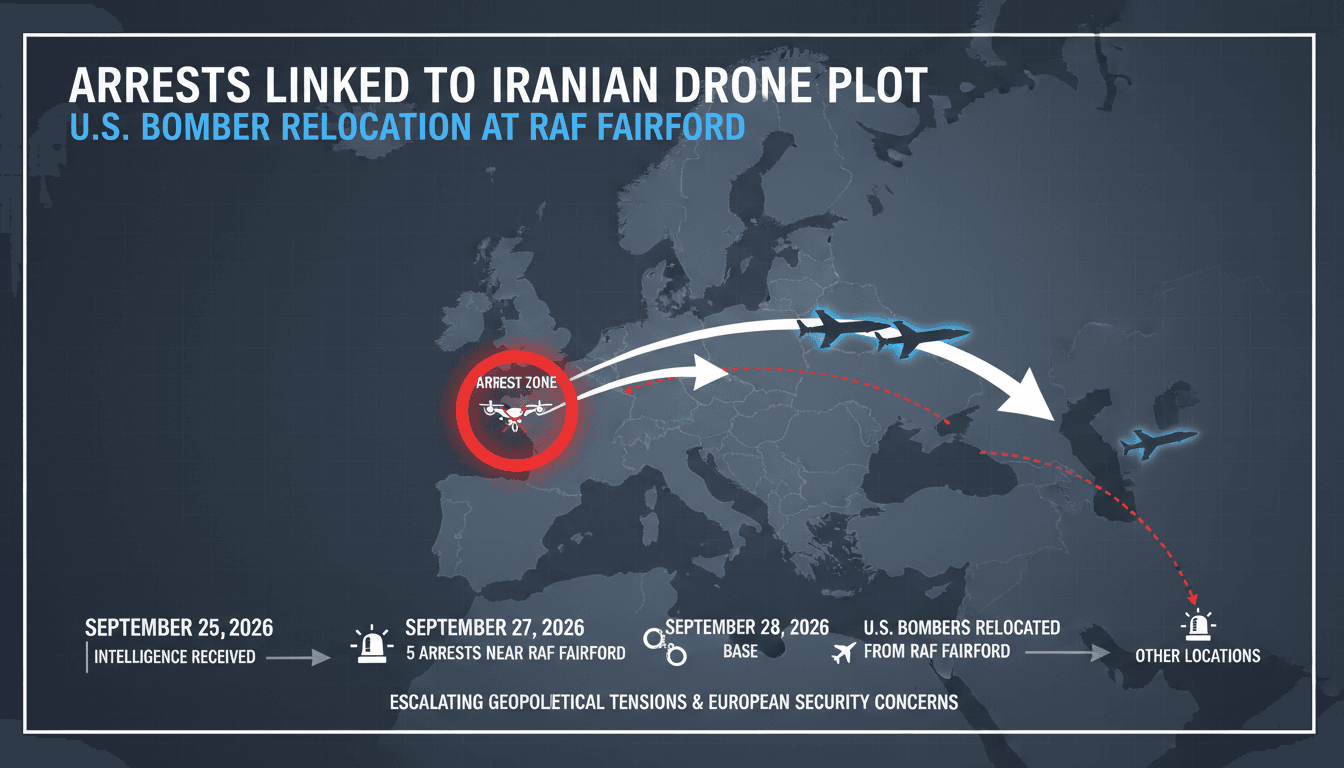 Infographic showing the relocation of U.S. bombers and timeline of the Iranian drone plot at RAF Fairford.