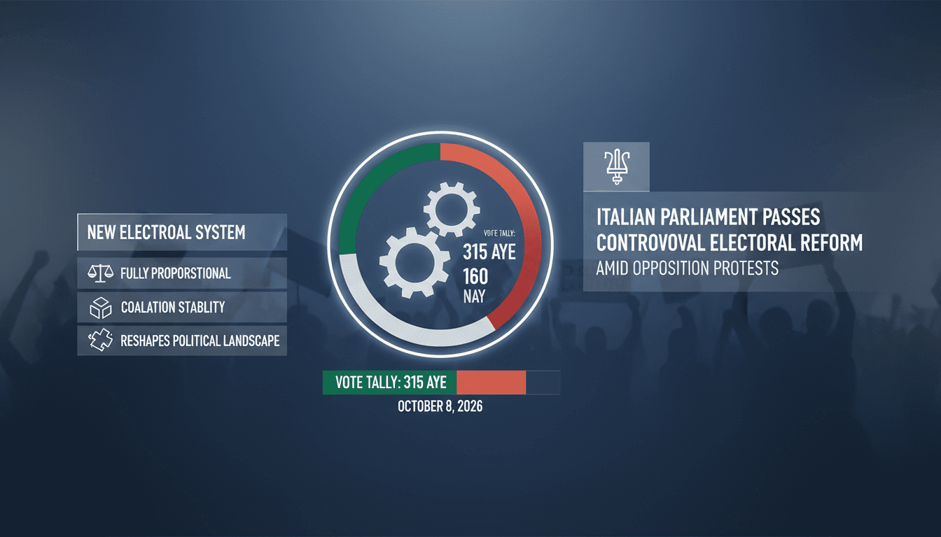 A graphic illustrating the Italian electoral reform vote tally and its implications for future elections.