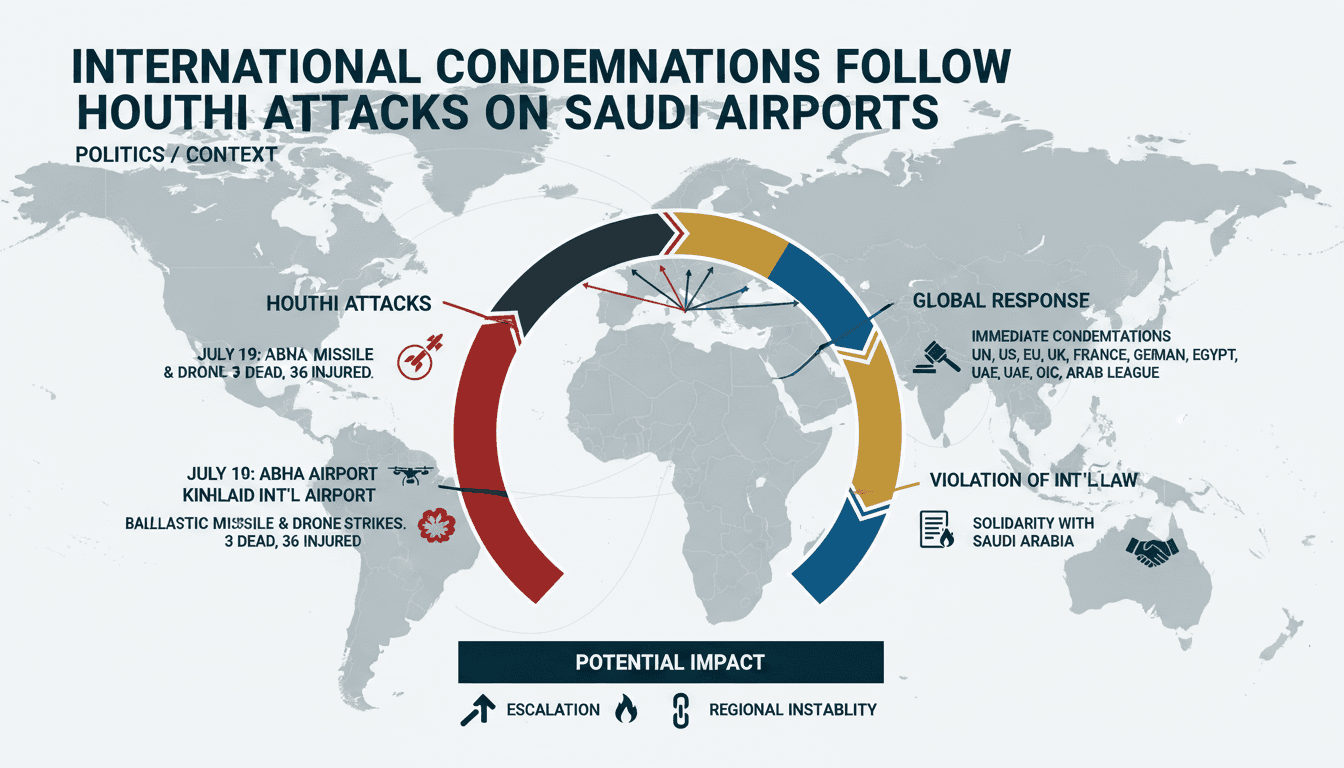 Infographic detailing Houthi attacks on Saudi airports and global responses, highlighting the impact on regional stability.