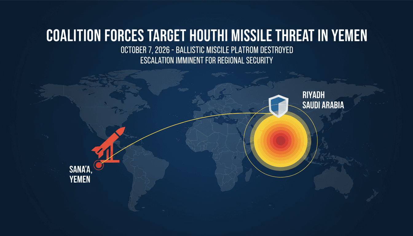 A map highlighting the location of the destroyed Houthi missile launch platform in Sana'a, Yemen, and its proximity to Riyadh.