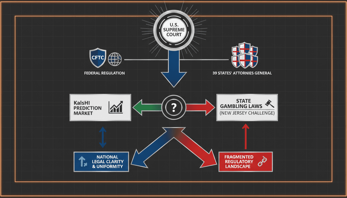 An infographic showing the regulatory landscape of prediction markets and the NFL's involvement in the Supreme Court case.