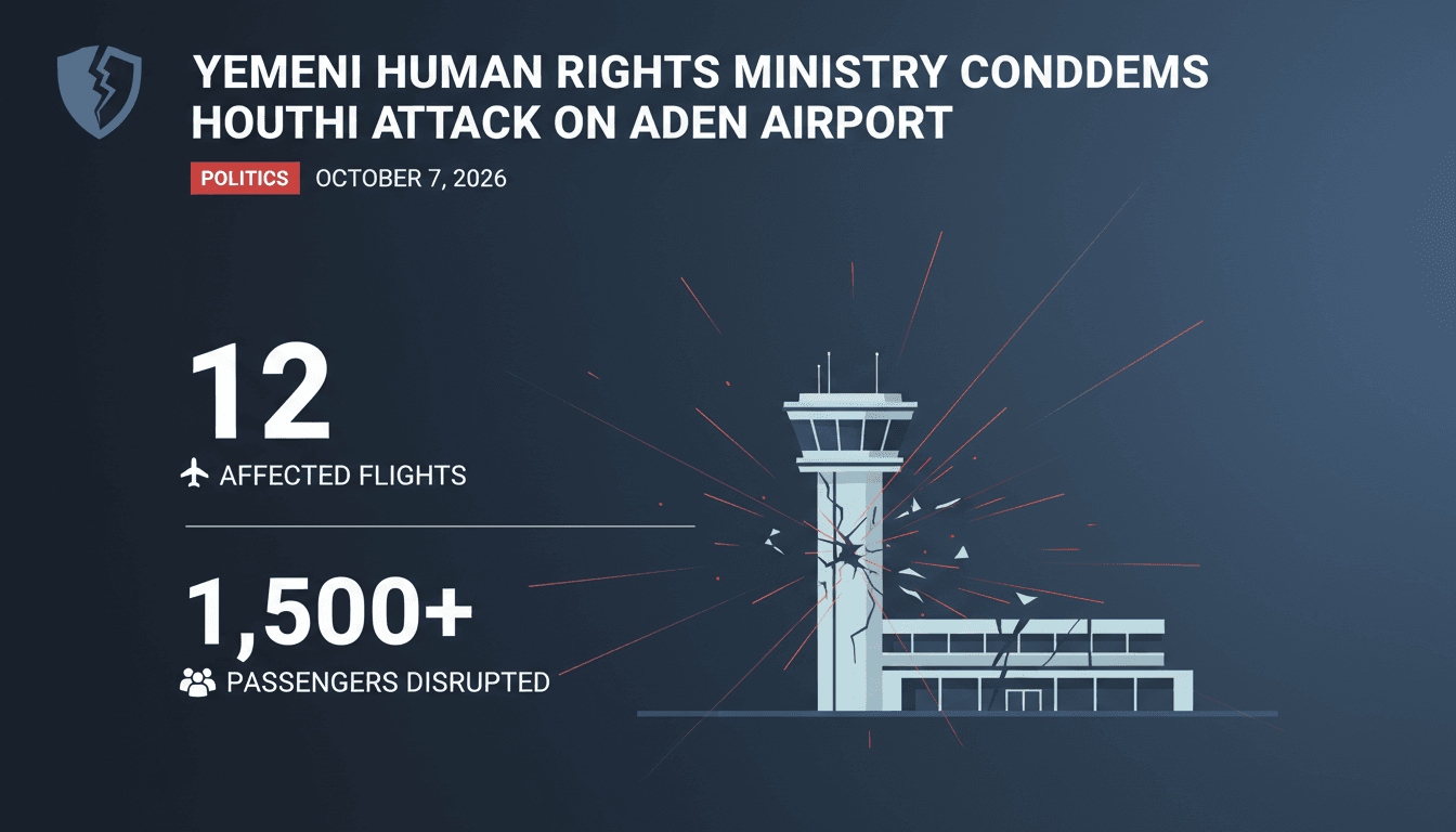 A graphic depicting the Houthi missile and drone attack on Aden International Airport, highlighting the impact on civilian flights.